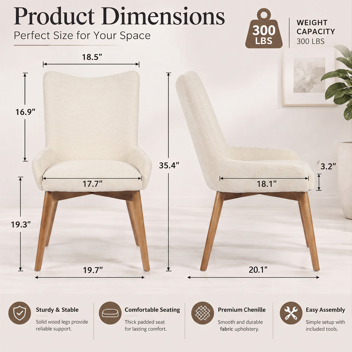 Kidol & Shellder Wingback Upholstered Dining Chairs Set of 2 with Solid Wood Legs